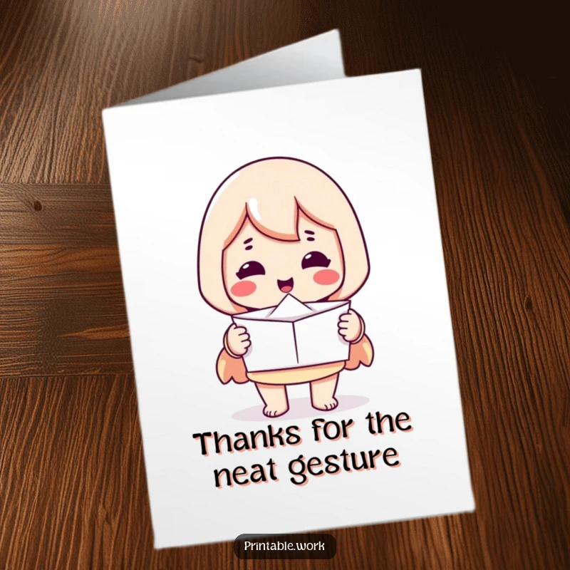 Funny free printable thank you card showing a printer character offering a perfectly folded piece of paper, a symbol of clean, precise thanks.