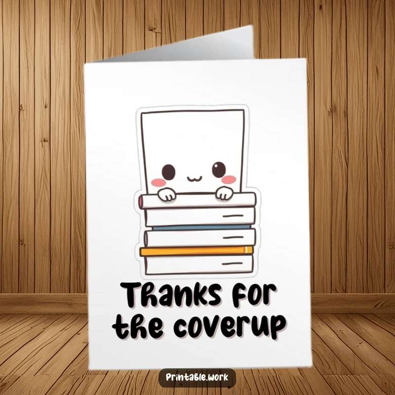 Funny free printable thank you card with a timid paper character peeking from behind documents, a sweet gesture of thanks.