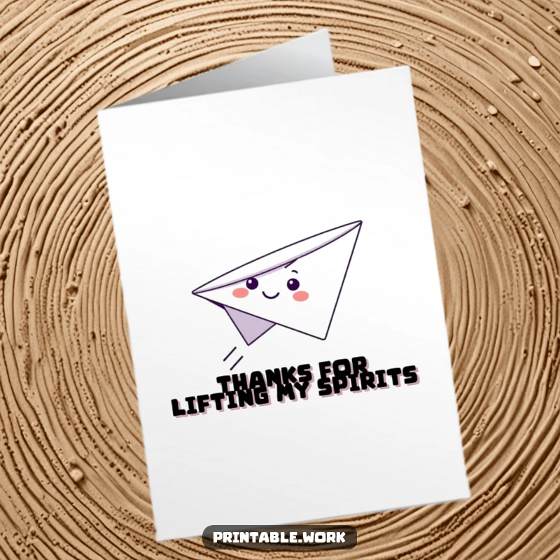 Funny Free Printable Thank You Card: A cute paper airplane character with a happy grin flying through the air.