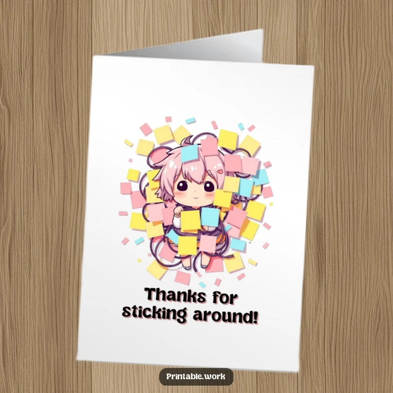 Funny Free Printable Thank You Card: Character entangled in a whirlwind of sticky notes, a witty downloadable gift.