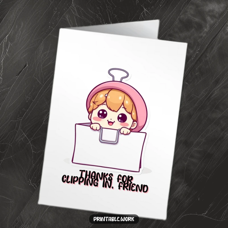 Funny Free Printable Thank You Card: Clever binder clip peeking from paper, offering a humorous and unique way to say thanks.