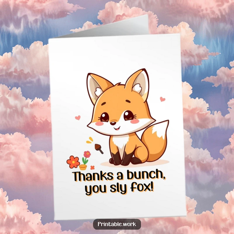 Funny Free Printable Thank You Card: Kawaii Fox happily scrapbooking, showing appreciation. DIY printable gift.