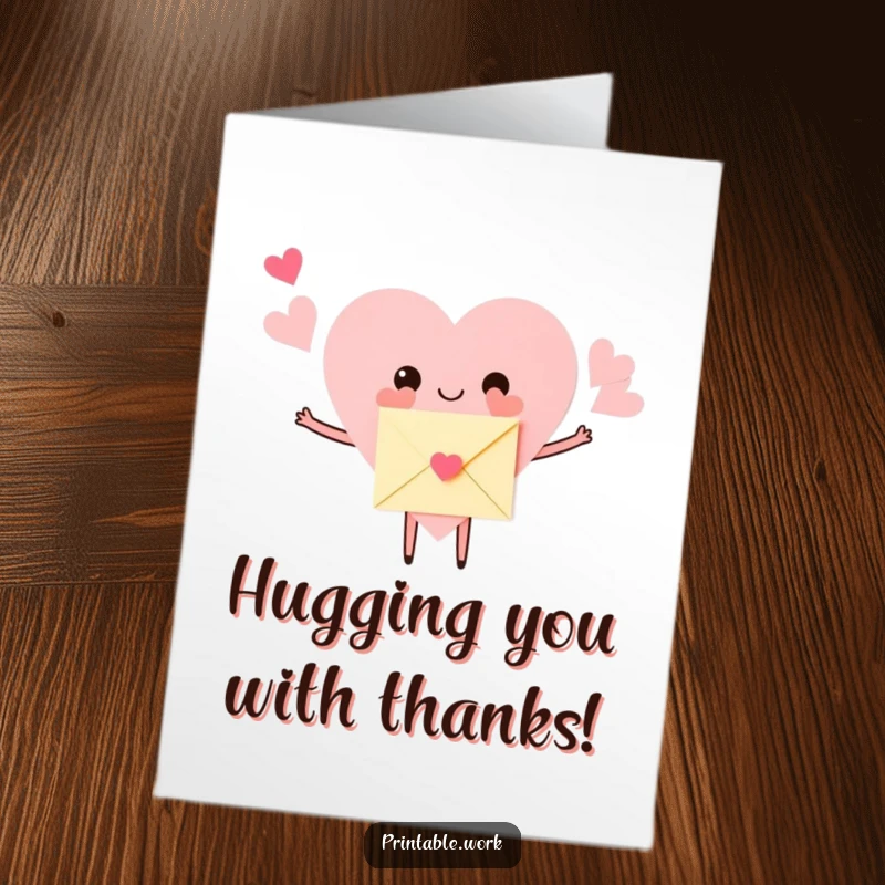 Funny Free Printable Thank You Card: A loving paper heart character embracing a small envelope, offering downloadable appreciation and warmth.