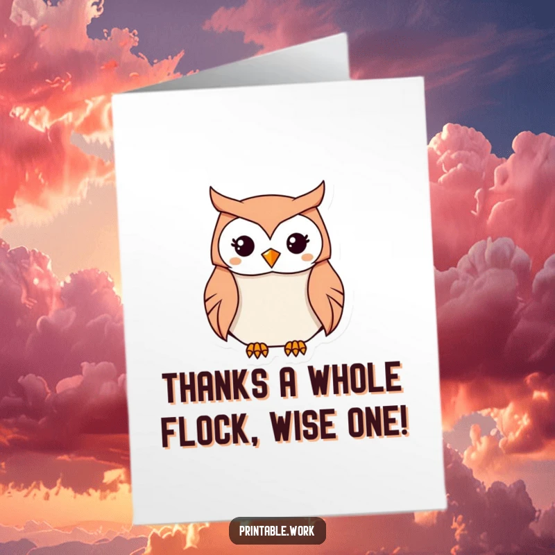 Funny Free Printable Thank You Card: Kawaii Owl concentrating on folding origami, detailed work. Printable gift.