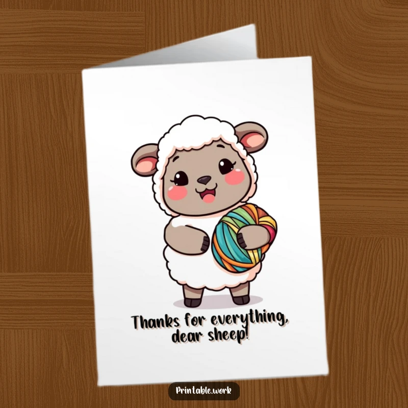 Funny Free Printable Thank You Card: Kawaii Sheep holding colorful yarn, cozy and grateful. Printable gift.