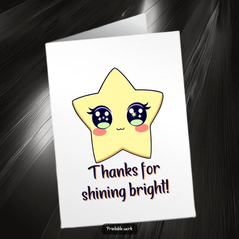 Funny Free Printable Thank You Card: Energetic paper star character with wide, sparkling eyes conveying thanks with downloadable charm.
