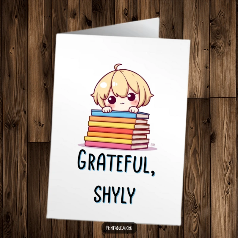 Funny Free Printable Thank You Card with a shy Kawaii character hiding behind vibrant, stacked pages.