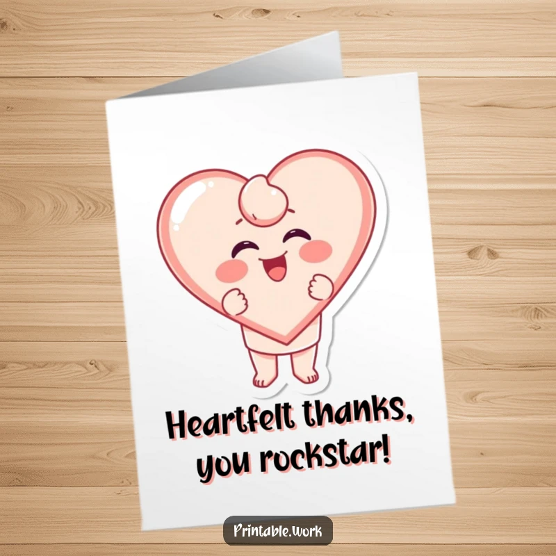 Funny Free Printable Thank You Card: Character excitedly stamping a large, giggling heart, conveying a warm thank you.