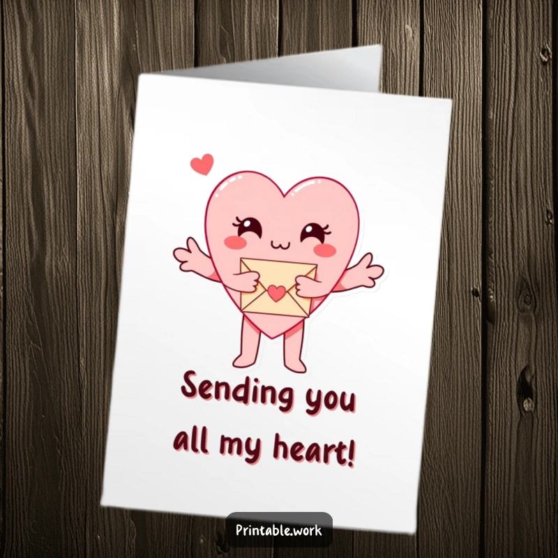 Funny free printable thank you card where a paper heart character with open arms hugs a tiny envelope of thanks.