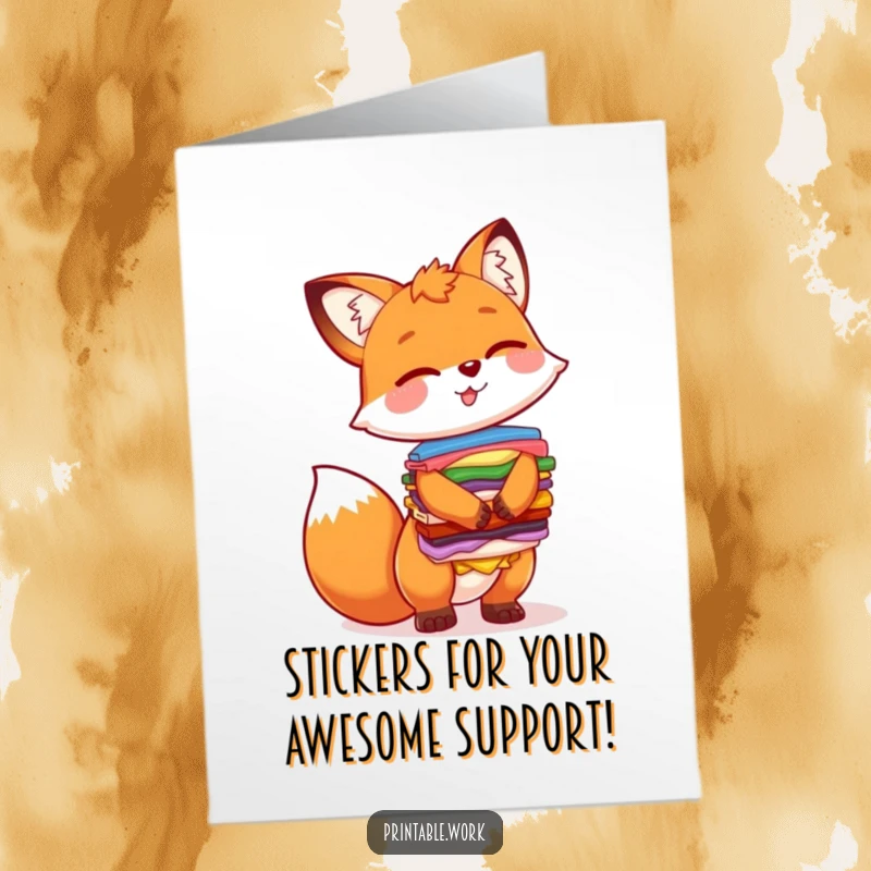 Funny Free Printable Thank You Card: A giggling fox holding a huge, wobbly stack of stickers.