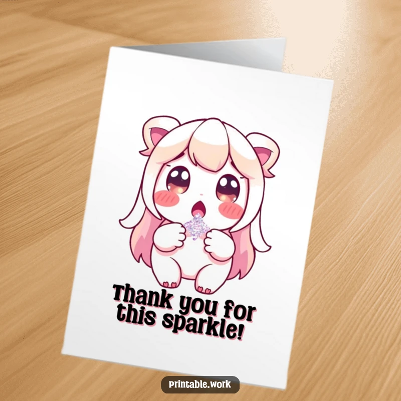 Funny Free Printable Thank You Card of a character with wide, surprised eyes, holding a shimmering glitter flake, a cute way to express thanks.