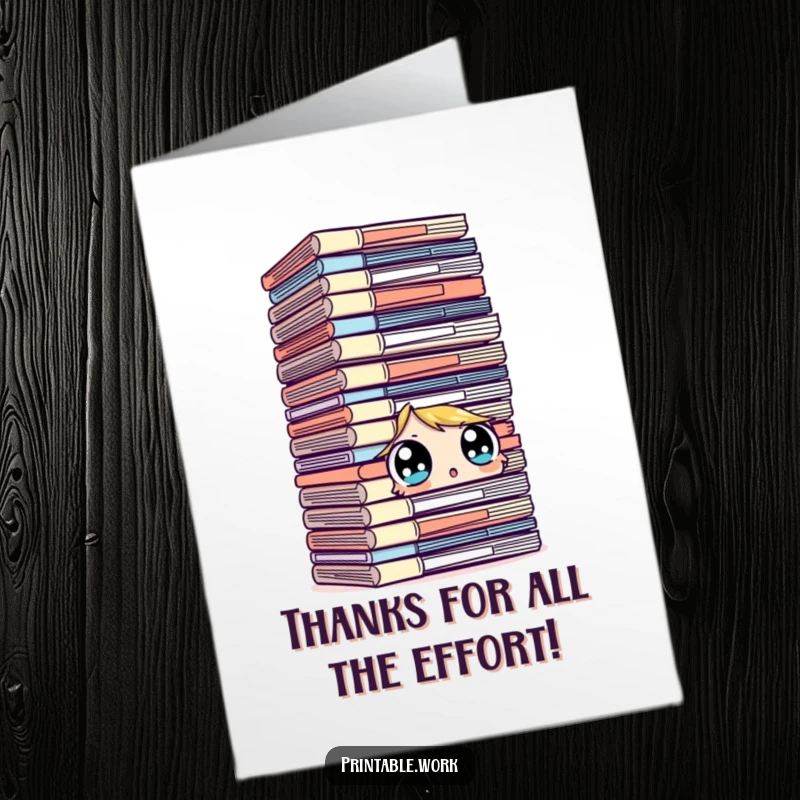 Funny Free Printable Thank You Card: Surprised character with wide eyes gazing at a colossal stack of files.