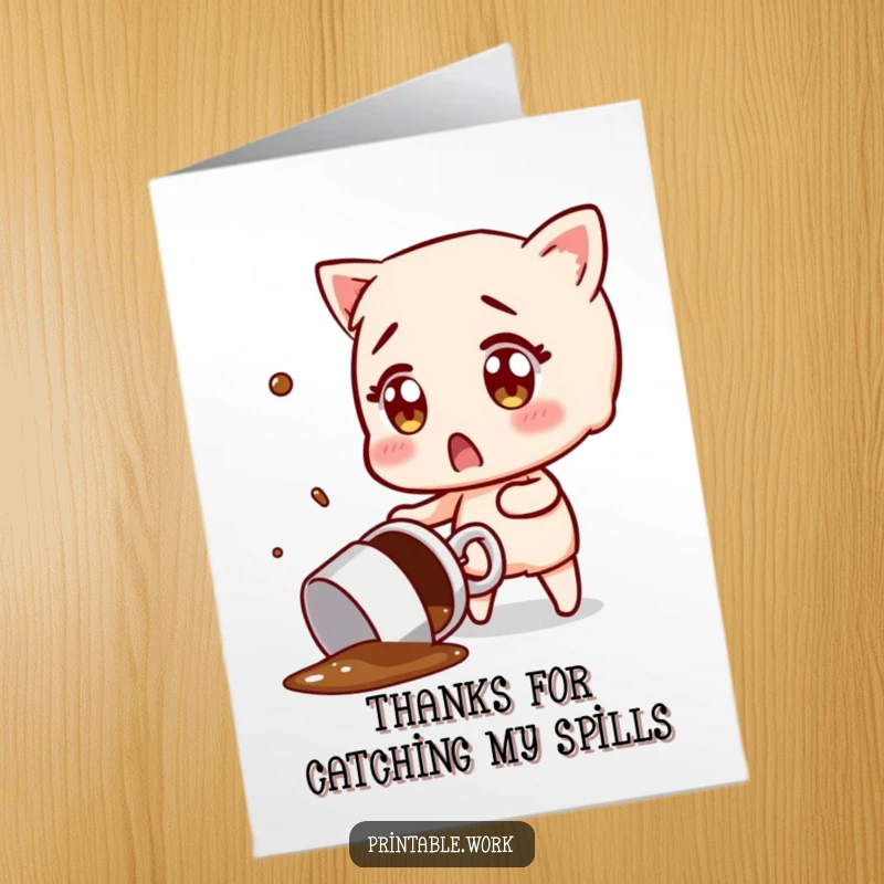 Funny Free Printable Thank You Card: Character surprised by flying spilled coffee mug, office humor