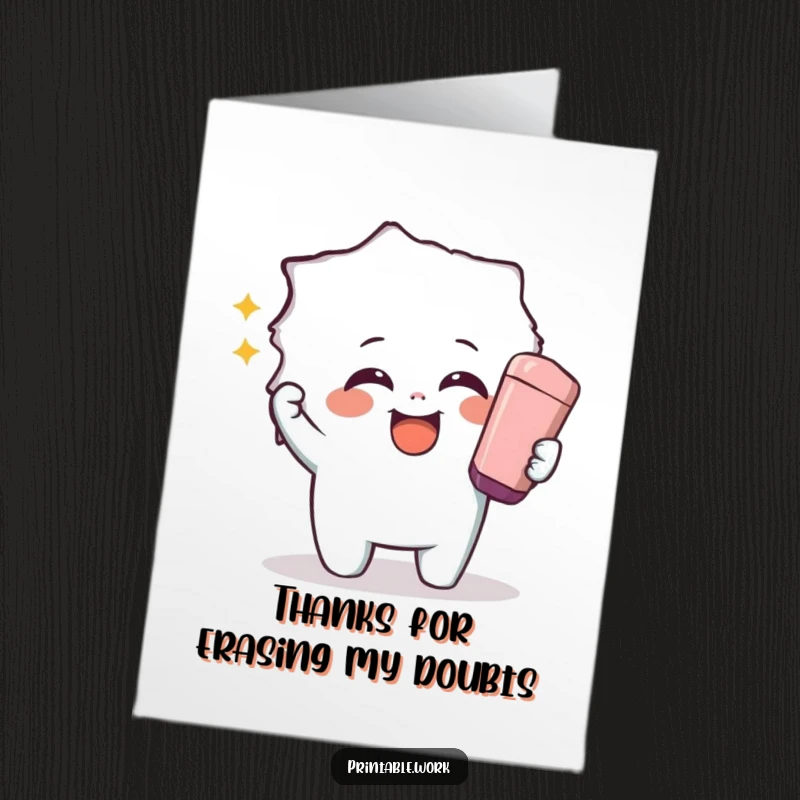 Funny Free Printable Thank You Card: Giggling character uses a huge eraser to magically reveal hidden thanks.