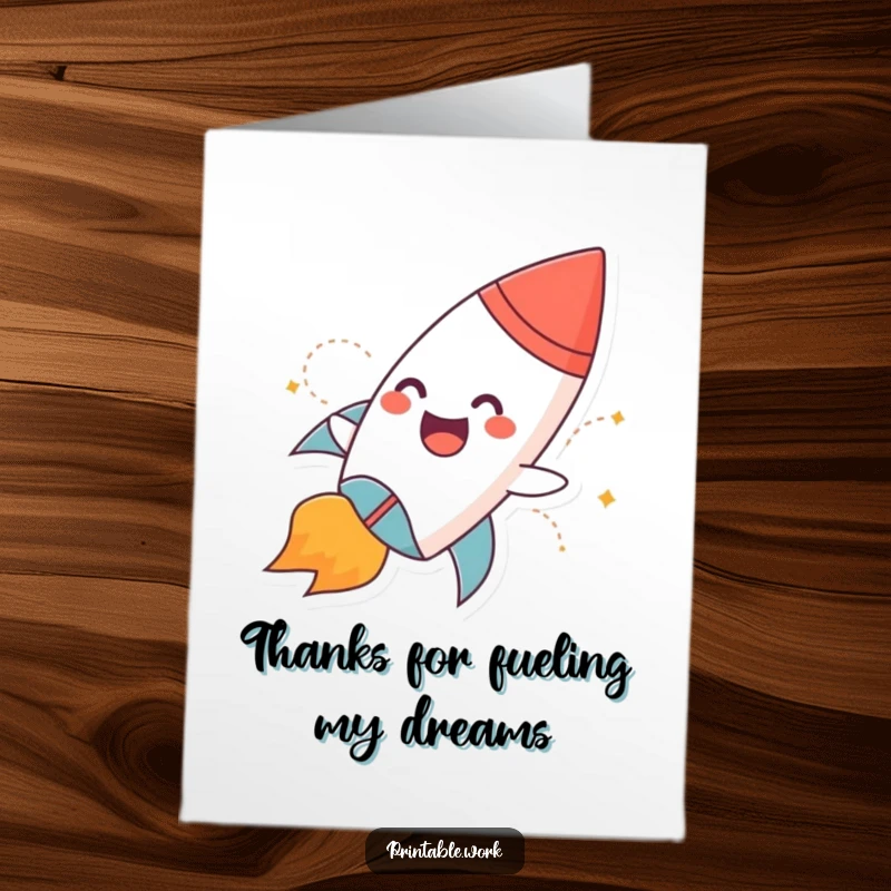 Funny Free Printable Thank You Card: Giggling paper rocket with flames zooms off, sending thanks.