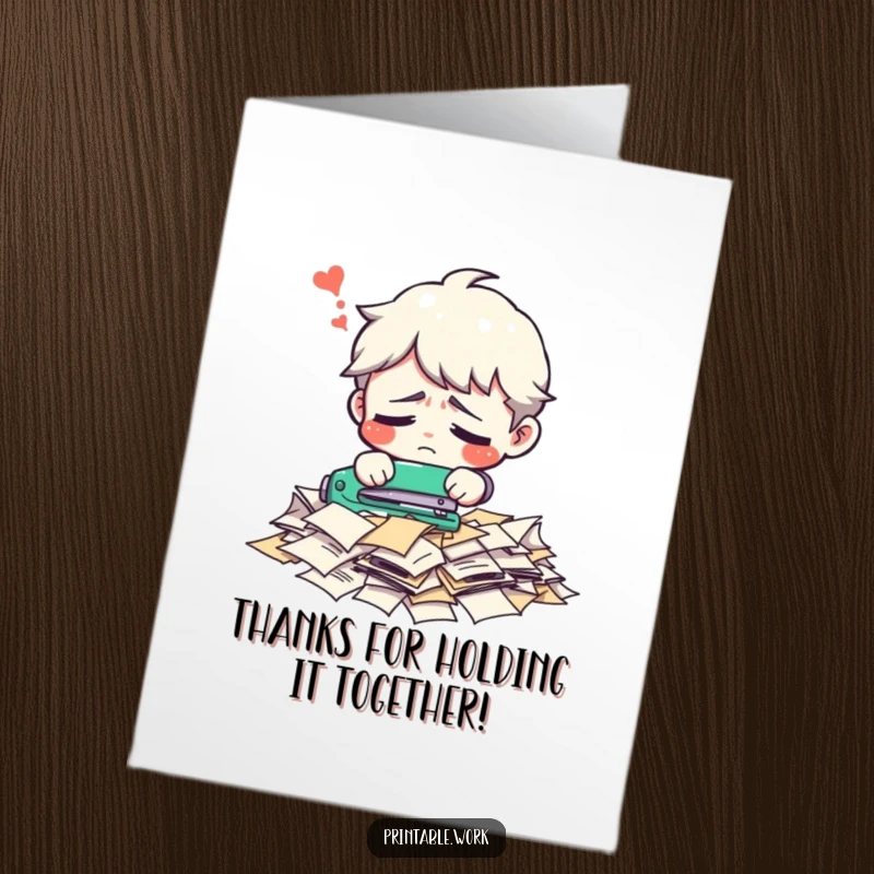 Funny Free Printable Thank You Card: Confused character bewildered by a pile of loose papers and a stapler.