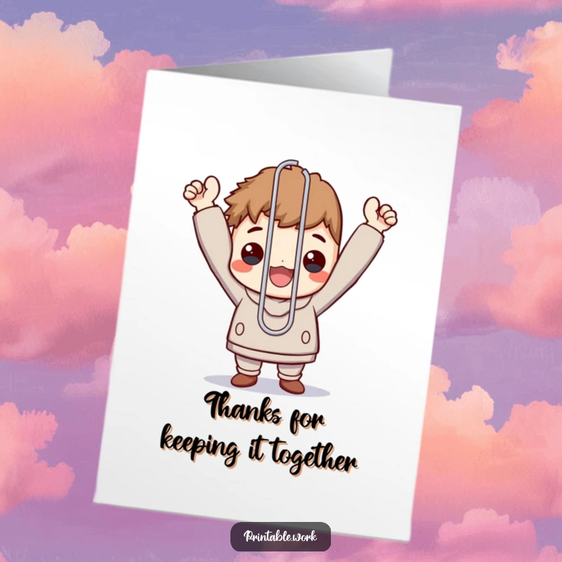 Funny free printable thank you card featuring a character holding a comically oversized paperclip, symbolizing monumental gratitude for help.