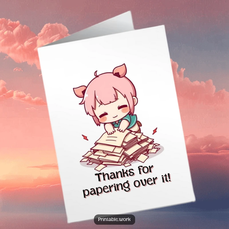 Funny Free Printable Thank You Card: A Kawaii character comically trips, sending a small pile of papers flying, in a cute mishap.