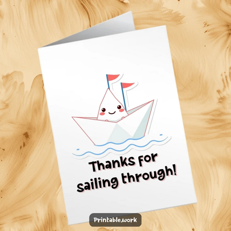 Funny Free Printable Thank You Card: A smiling paper boat mascot bravely sails on a wavy line, expressing thanks.