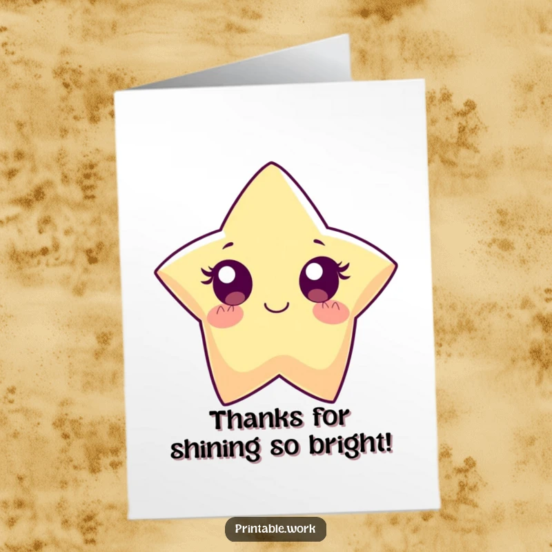 Funny free printable thank you card featuring a wide-eyed paper star character sparkling brightly with heartfelt thanks.