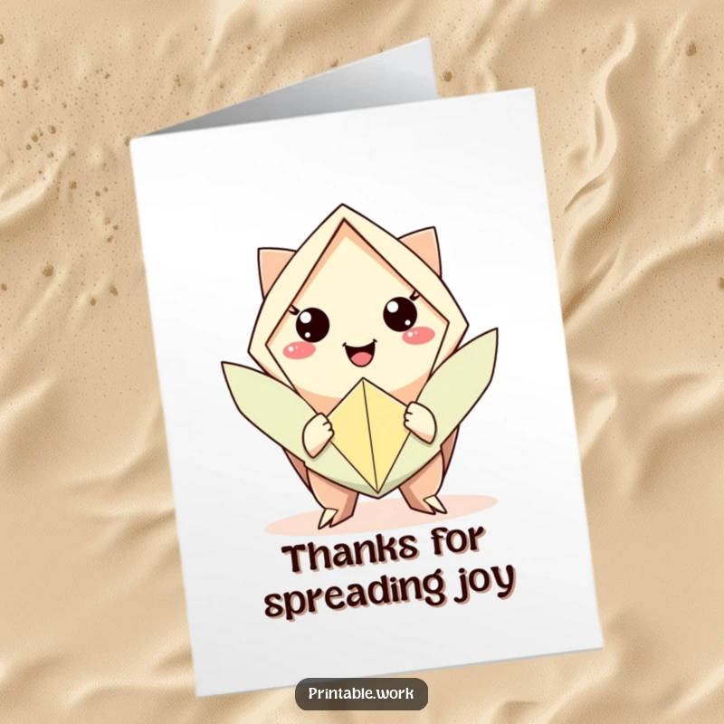 Funny Free Printable Thank You Card: Character smiling kindly, presenting a perfectly folded origami figure as a token of appreciation and thanks.