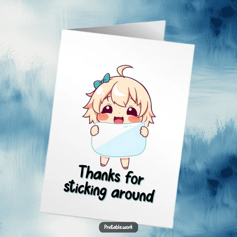 Funny Free Printable Thank You Card: Giddy character presents a massive sticker, showing gratitude.