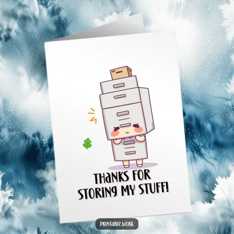 Funny Free Printable Thank You Card: A character humorously wears a filing cabinet as a hat, sending thanks, downloadable.
