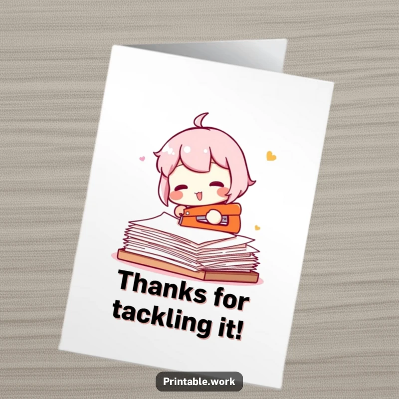 Funny Free Printable Thank You Card: Office Character attempting to staple a mountain of paper, a witty downloadable gift.