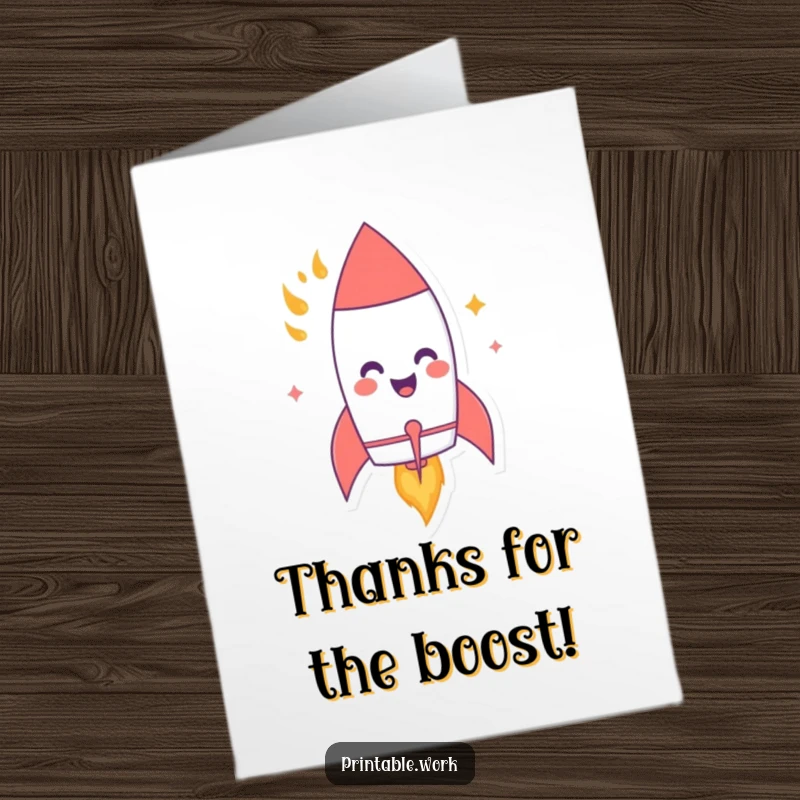 Funny Free Printable Thank You Card: A giggling paper rocket with flames blasts off, humorously expressing gratitude.