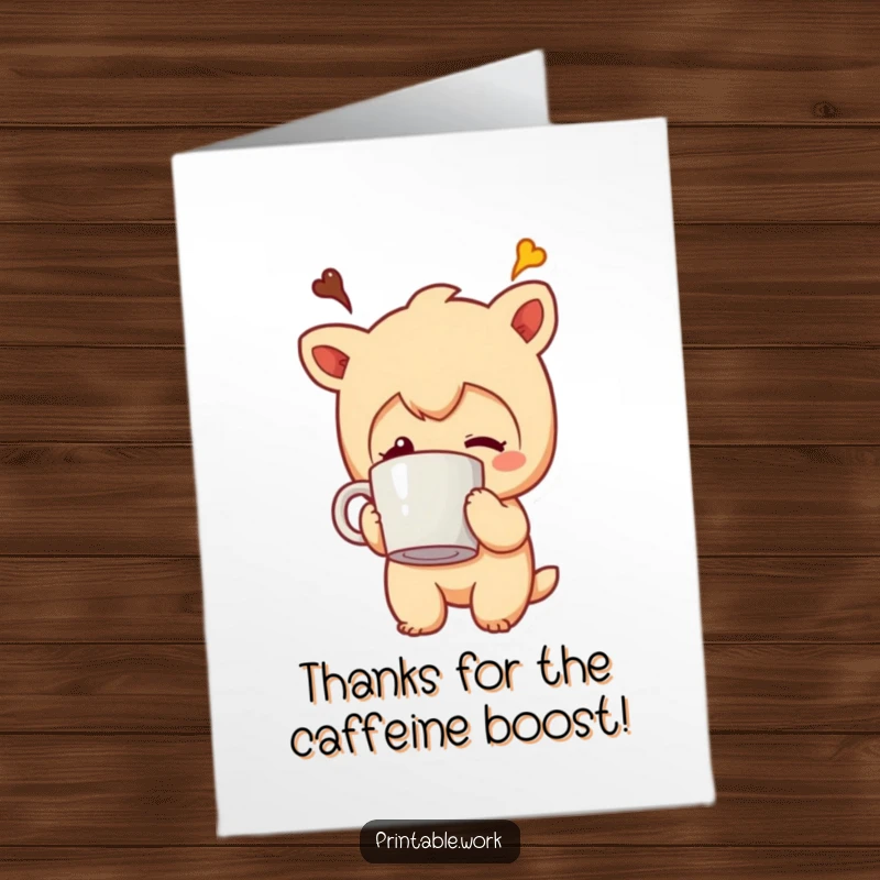 Funny Free Printable Thank You Card: Coffee Mug Head Character looking grateful yet slightly stuck, a charming downloadable gift.