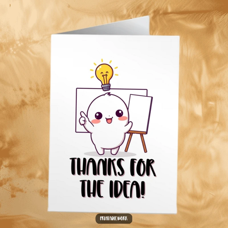 Funny Free Printable Thank You Card featuring a Kawaii character with a glowing lightbulb, pointing to a whiteboard, saying thanks.