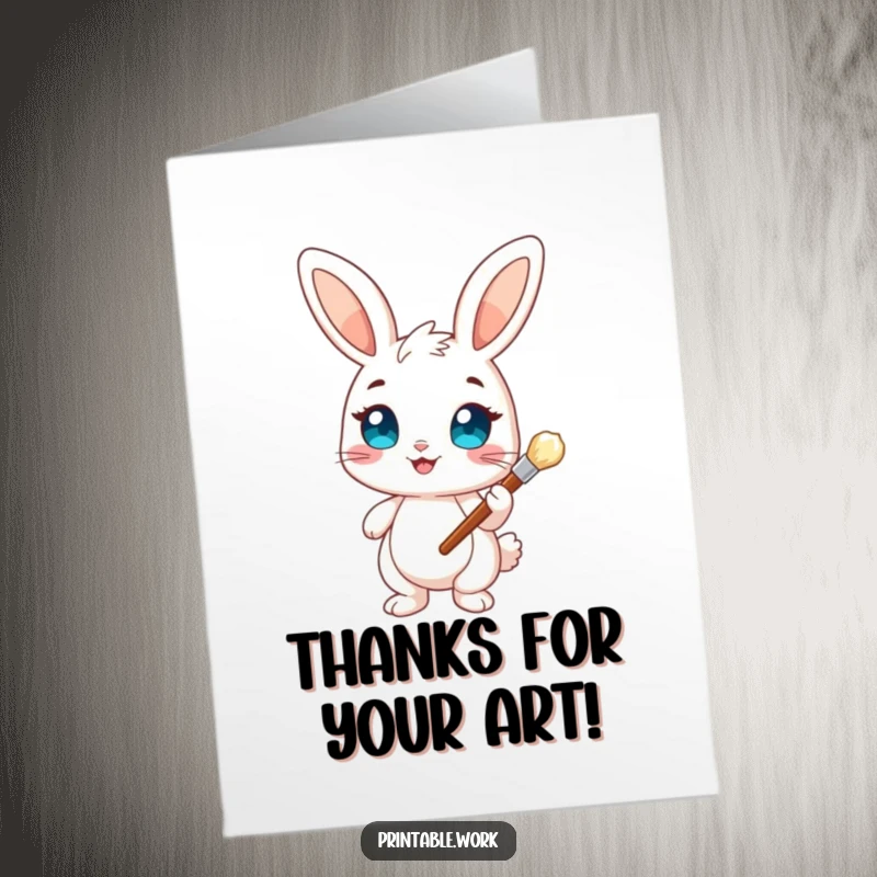 Funny Free Printable Thank You Card: A cheerful bunny with bright eyes holds a paintbrush, creatively expressing thanks.
