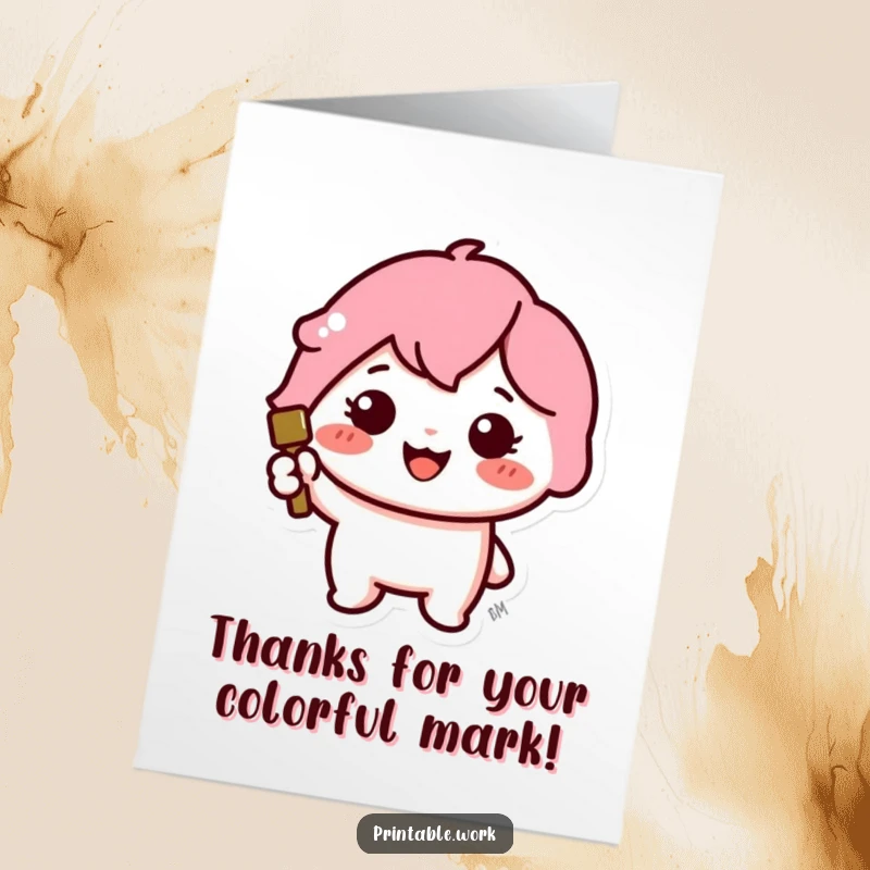 Funny Free Printable Thank You Card: A Kawaii character stamps a large, colorful icon of thanks.
