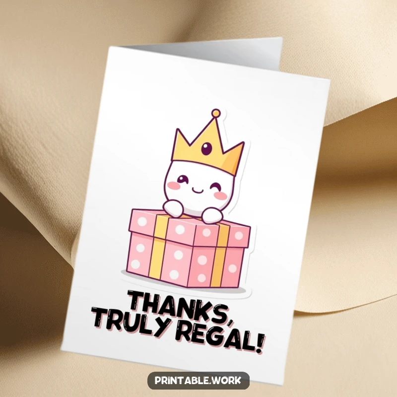 Funny Free Printable Thank You Card: A happy paper crown character rests on a present, offering thanks.