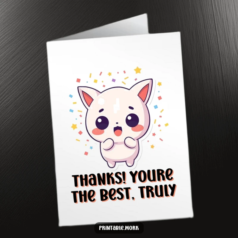 Funny Free Printable Thank You Card: A surprised Kawaii creature is covered in confetti, sending a humorous thank you.