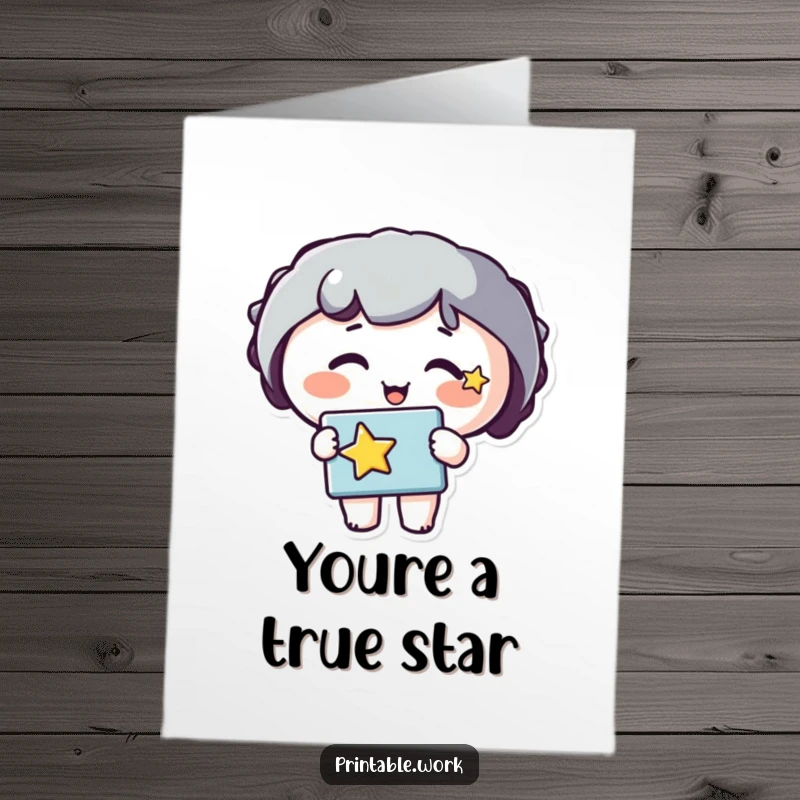 Funny Free Printable Thank You Card: Happy character with star on cheek holding a stencil, saying thanks heartily.