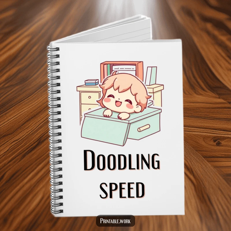 Funny Notebook featuring a character gleefully sliding down a desk with a smile, inspiring creative and playful ideas.