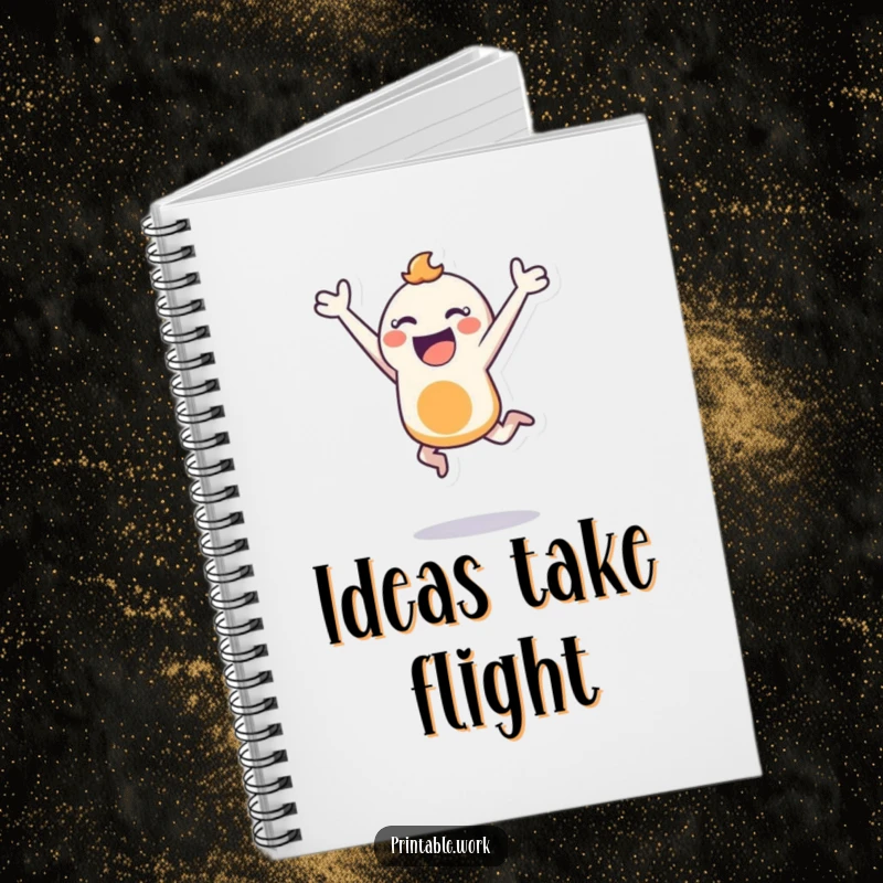 Funny notebook with a bouncing character joyfully leaping with a stencil, ideal for capturing dynamic ideas and creative plans.