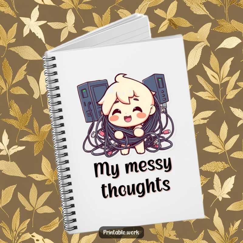 Funny notebook cover featuring a character tangled in a mess of computer cables, a humorous depiction of tech challenges.