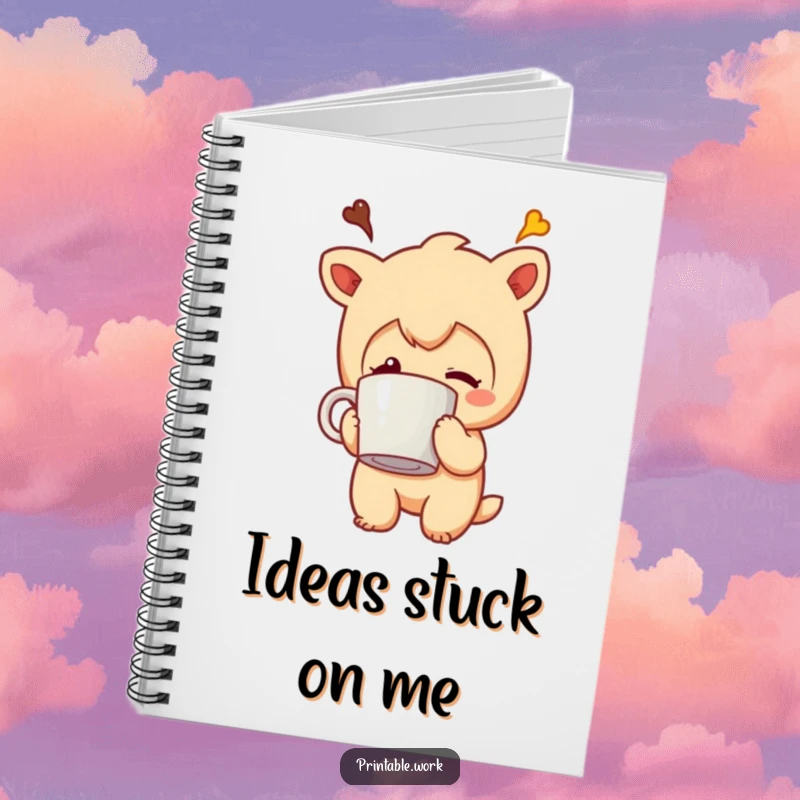 Funny notebook cover featuring a character with its coffee mug comically stuck to its head, ideal for jotting down notes.
