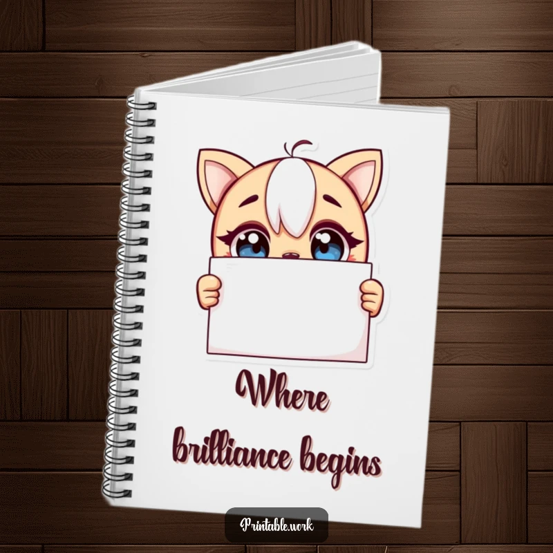 Funny notebook with a curious character with wide, excited eyes looking at a blank page, ideal for capturing fresh ideas.