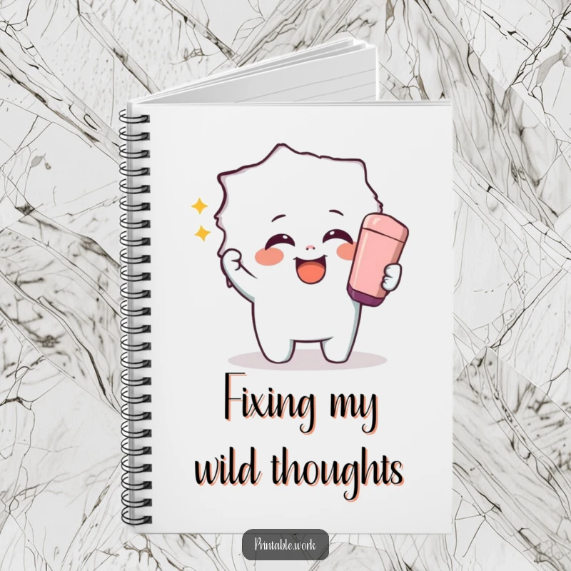 Funny notebook with a giggling character using a giant eraser to reveal a hidden image, ideal for capturing creative thoughts.