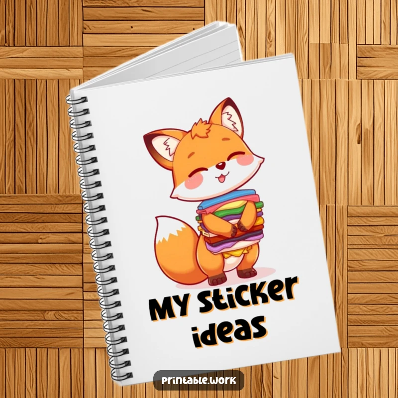 Funny notebook cover featuring a laughing fox character balancing a substantial pile of bright, assorted stickers, ready for notes.