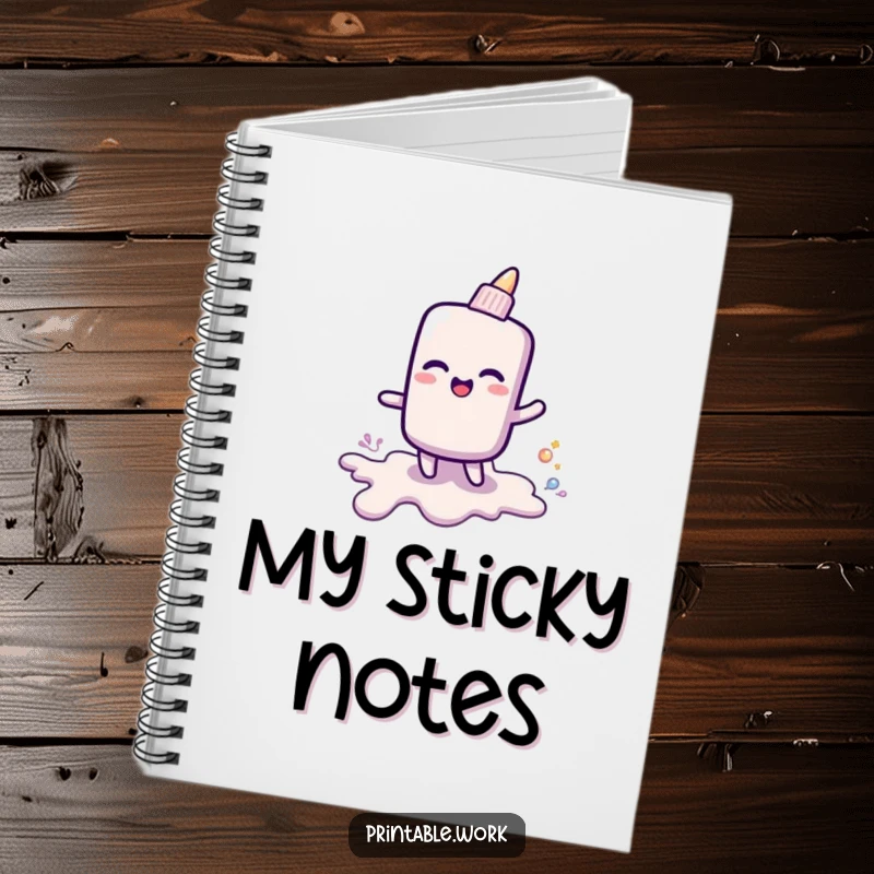 Funny notebook depicting a cheerful glue stick leaving a shiny goo trail, perfect for creative note-taking and planning.