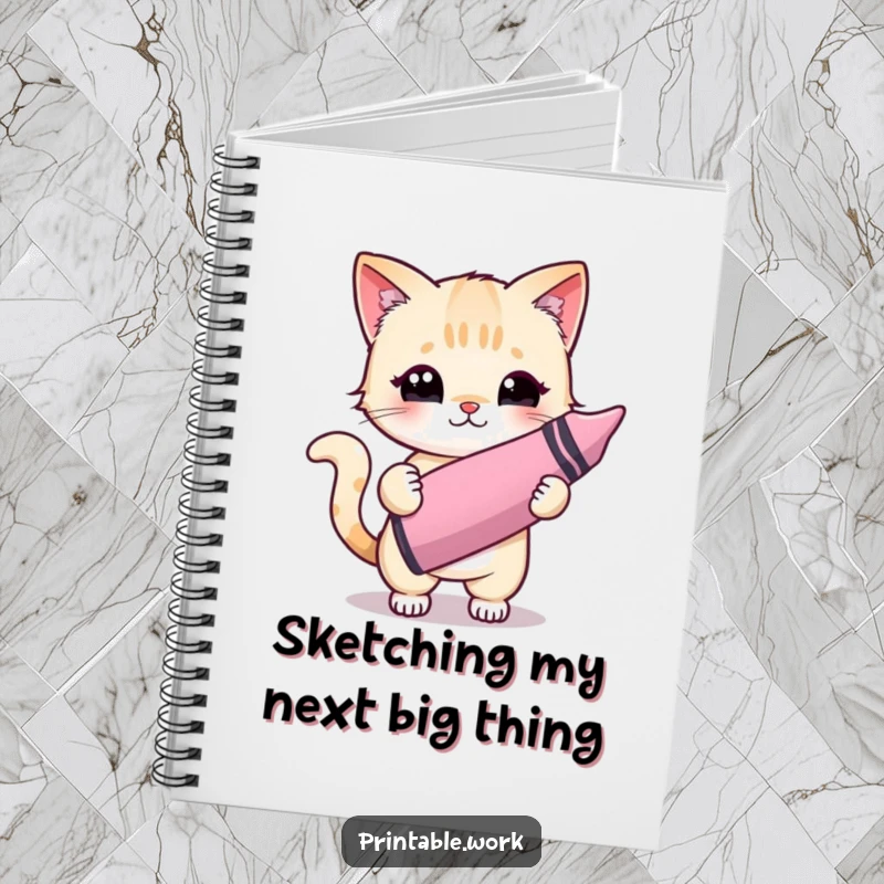 Funny Kawaii cat character painting on a notebook cover, encouraging creative writing and drawing with humor.
