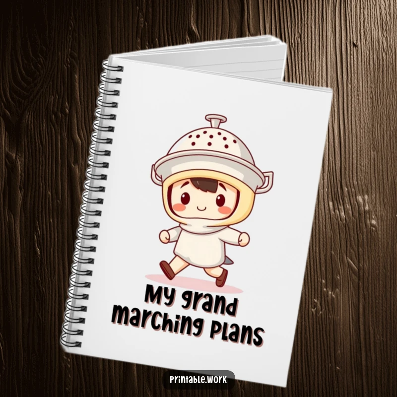 Funny Notebook: Cute kawaii character marching boldly with a colander helmet, ideal for jotting down ideas with a humorous touch.