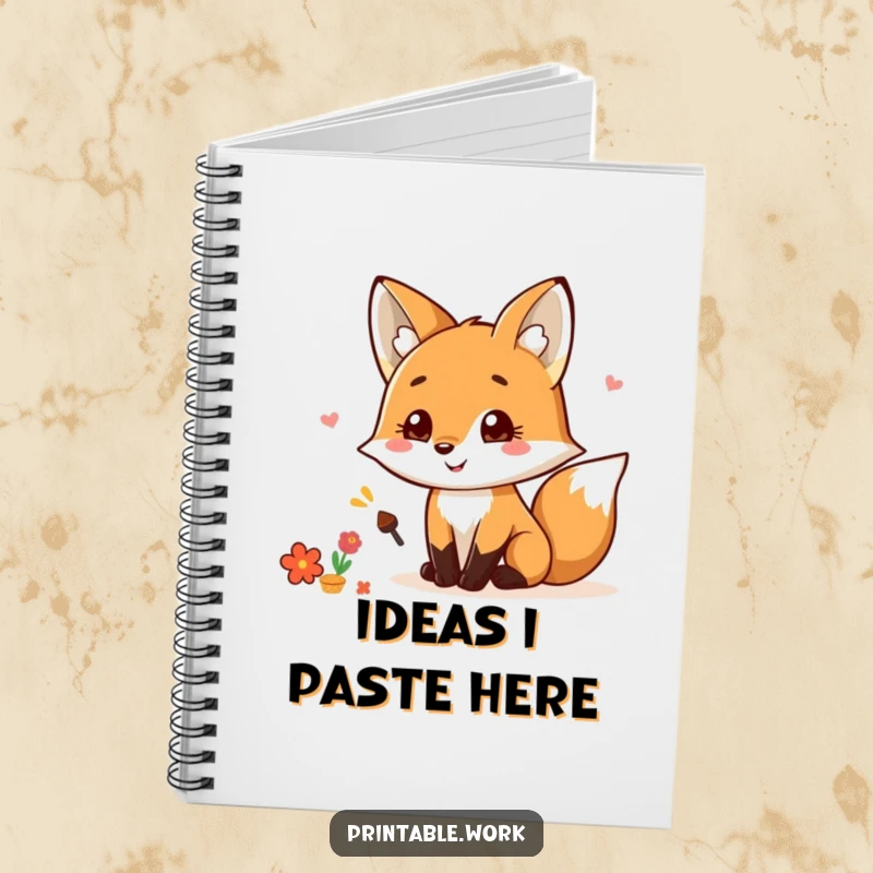 Funny Kawaii Fox Scrapbooking Notebook with a smiling fox, glue, and colorful paper, perfect for ideas and a funny gift.