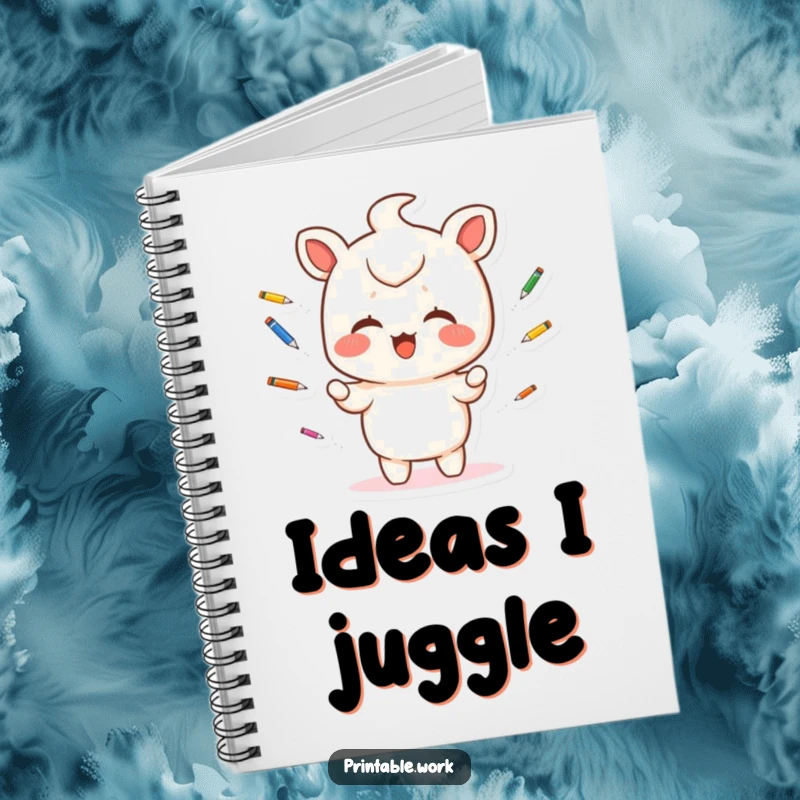 Funny Notebook: A giggling Kawaii character juggles colorful pens, inspiring creative writing and artistic doodles.