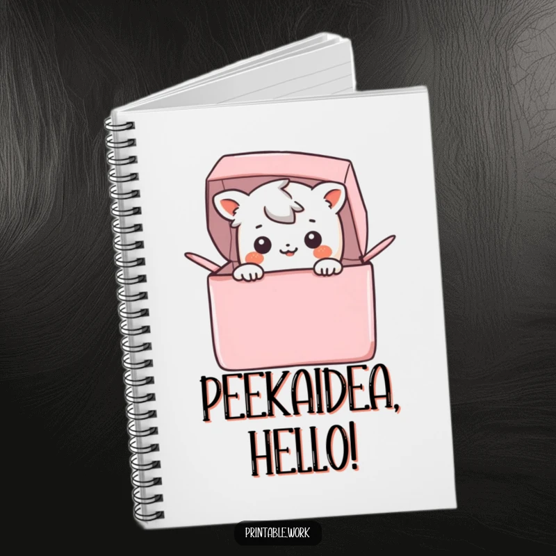 Funny Notebook: A happy Kawaii character peeks out from a vibrant box, perfect for jotting down creative thoughts.