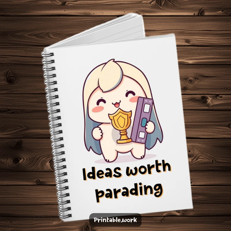 Funny Kawaii Notebook: Character holding a perfectly organized binder like a trophy, celebrating organization with humor.